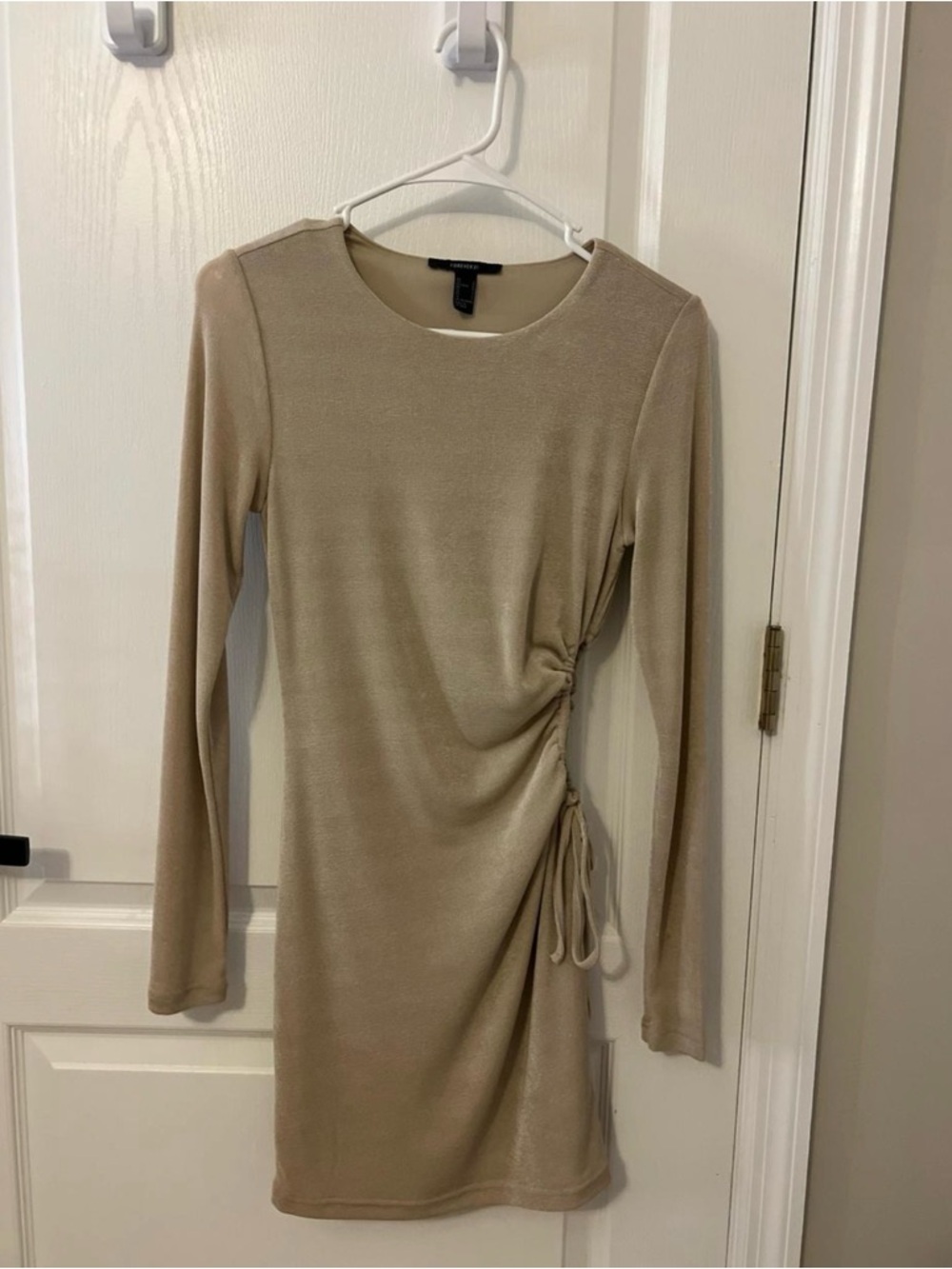 Forever 21 Beige Long Sleeve Ruched Side Bodycon Dress